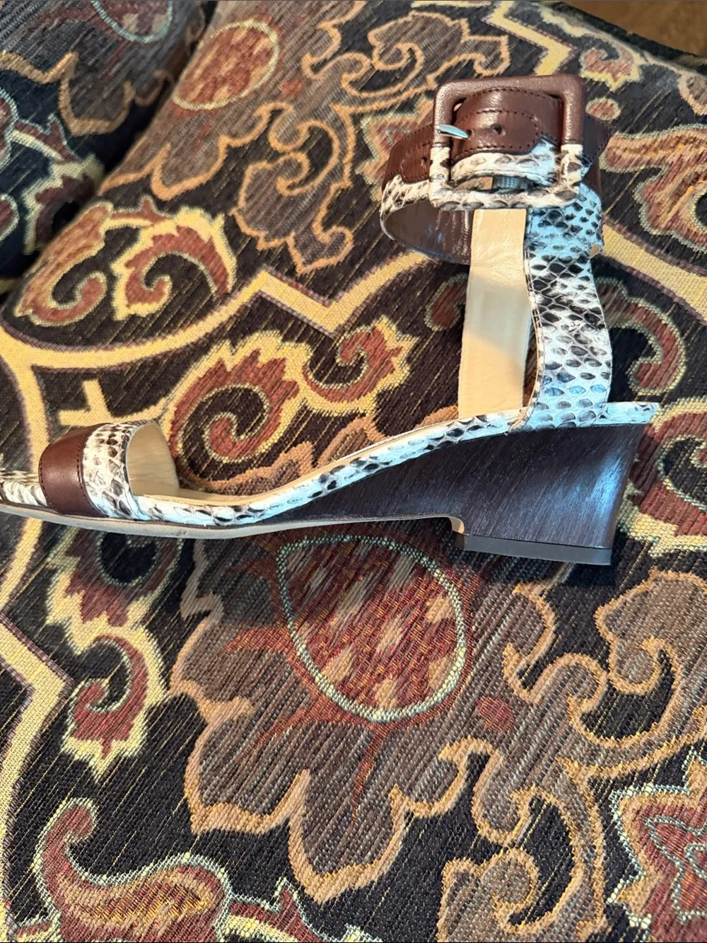 JIMMY CHOO GORGEOUS SNAKE & LEATHER LO WEDGE SANDALS